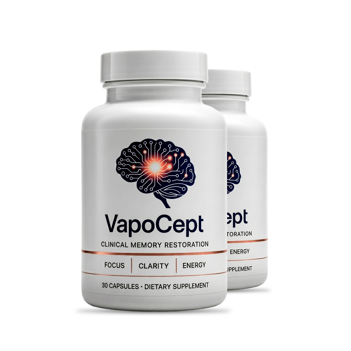 Two white Vapocept bottles with copper detailing, labelled 30 capsules, dietary supplement